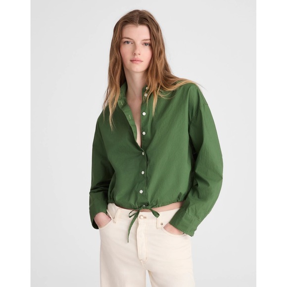 Madewell Tops - Madewell Drawstring-Hem Cropped Shirt XL Garden Green Button Front Poplin NZ452